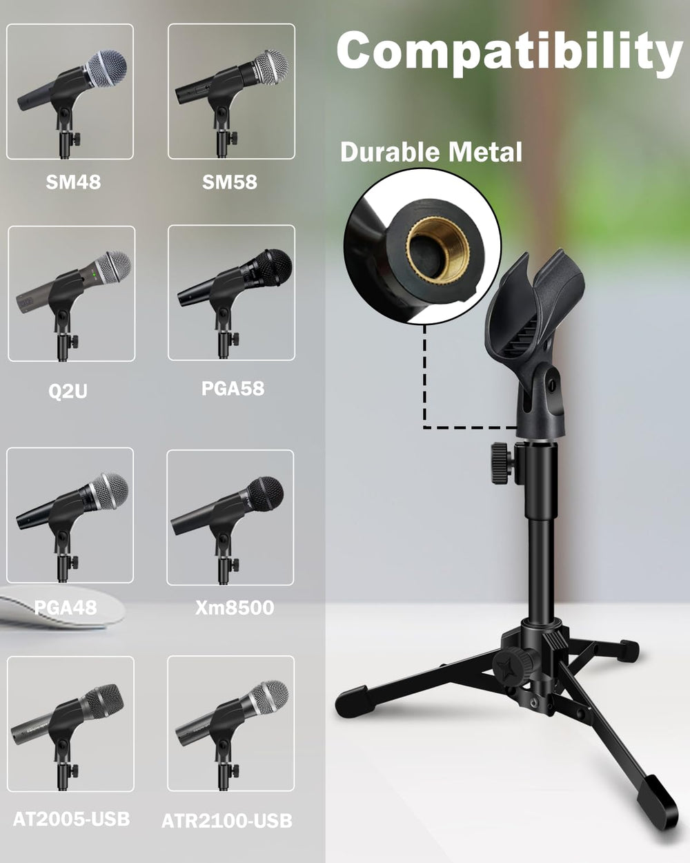 2 Pack Desktop Mic Stand, Portable Foldable Tripod with Mic Clip Holder, Adjustable Microphone Stand For Dynamic Microphone.