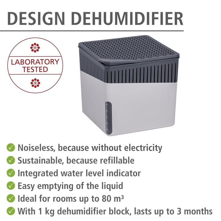 Portable Dehumidifier Cube Design, Compact and Rechargeable Dehumidifier for Bathroom, Closet, Bedroom, Garage, Covers up to 2800 Cubic Feet, 2.2lbs, Gray, 6.18 x 6.5 x 6.5
