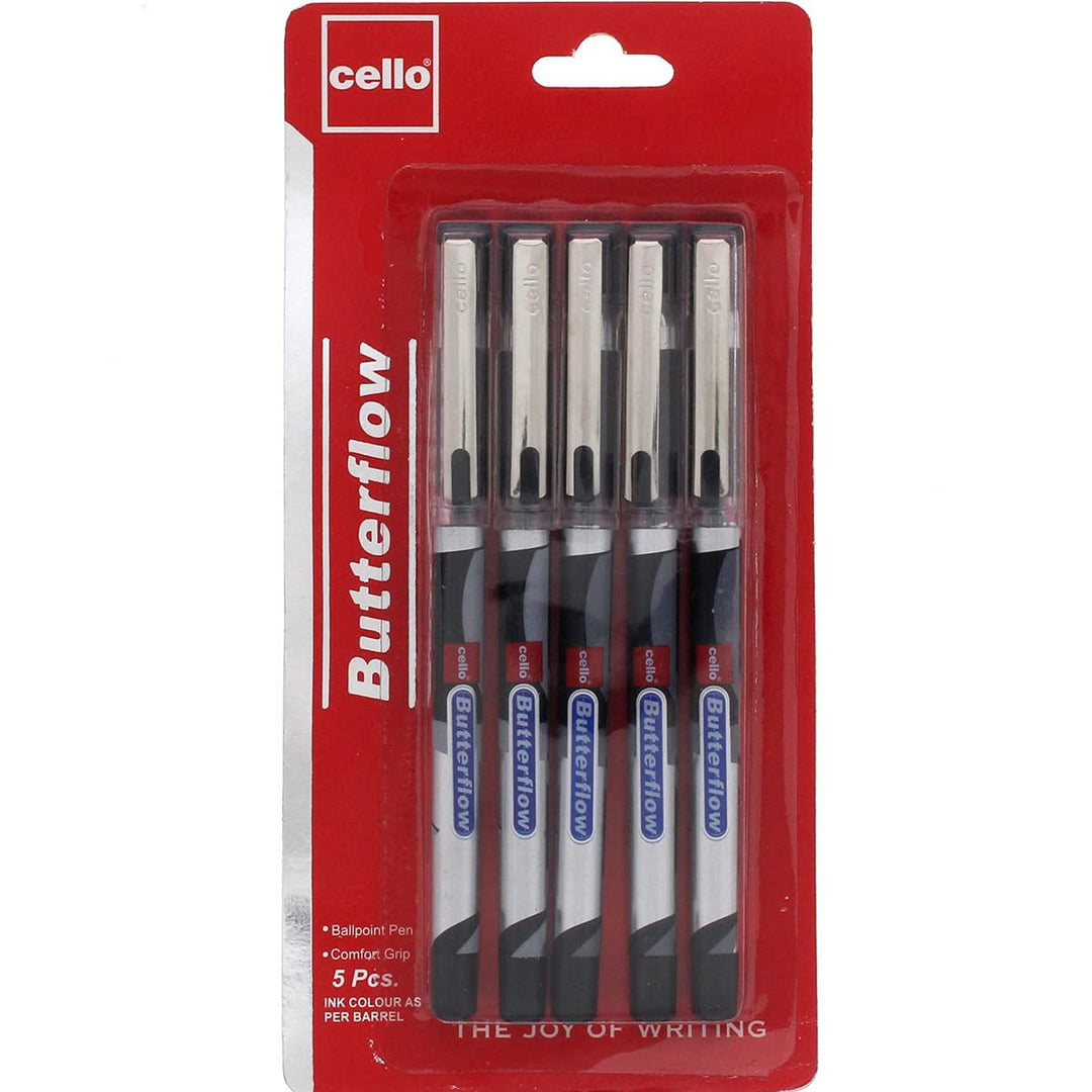 Butterflow Ball Pen with Lubriflow Ink System Pack of 10 - Black Ink - Black Body with Extra Refill Pack