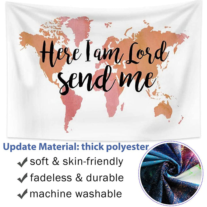 World Map Tapestry Wall Hanging Bible Verse Here I Am Lord Send Me Christian Psalm Quote Tapestries for Bedroom Living Room Dorm Decoration 59.1 Wx 39.4 H Inches