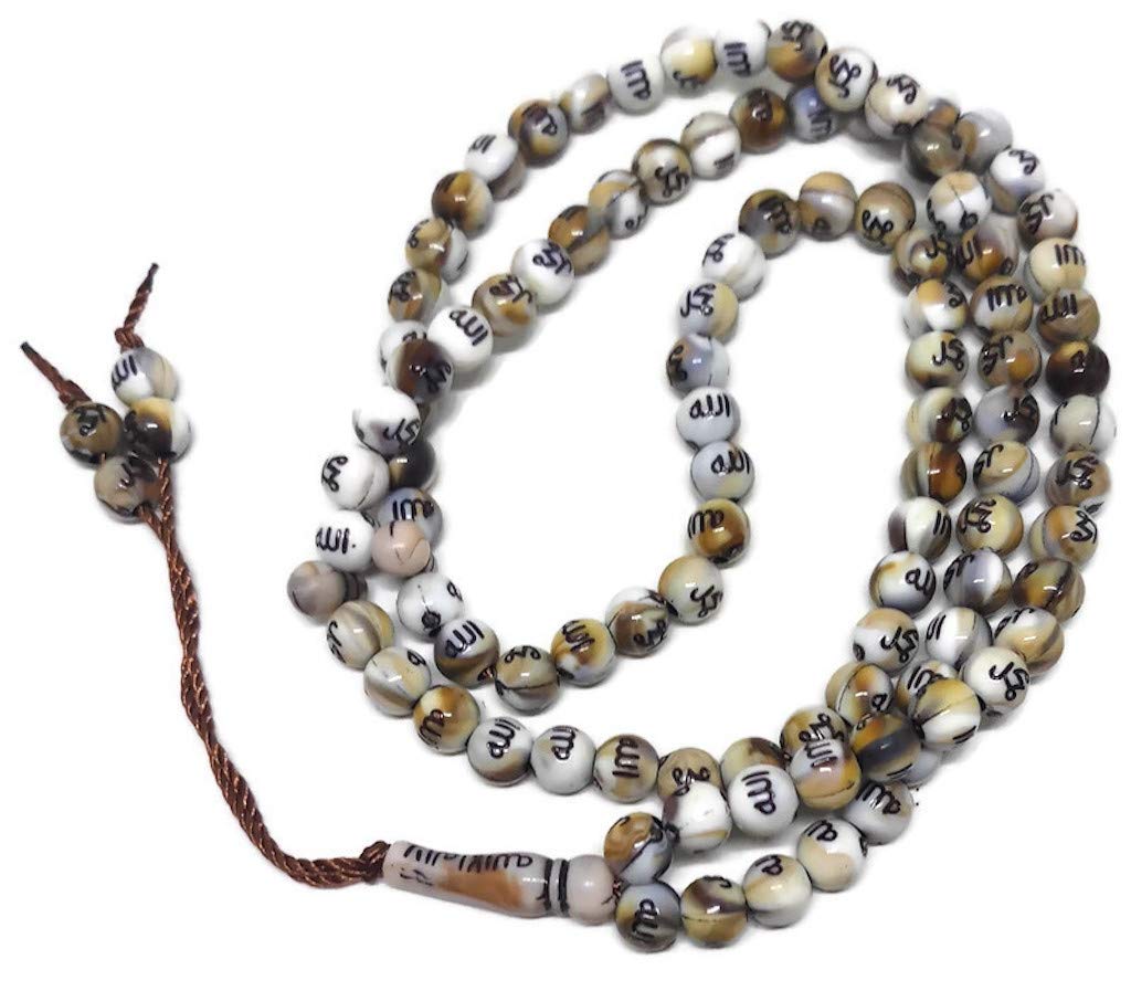 Muslim Tasbih 99 Rosary Beads AMN-184 Islam Prayer dhikr Misbaha with Allah Muhammad Names Engraved on Islamic Religion Eid Ramadan Gift (White/Coffee_Smaller)