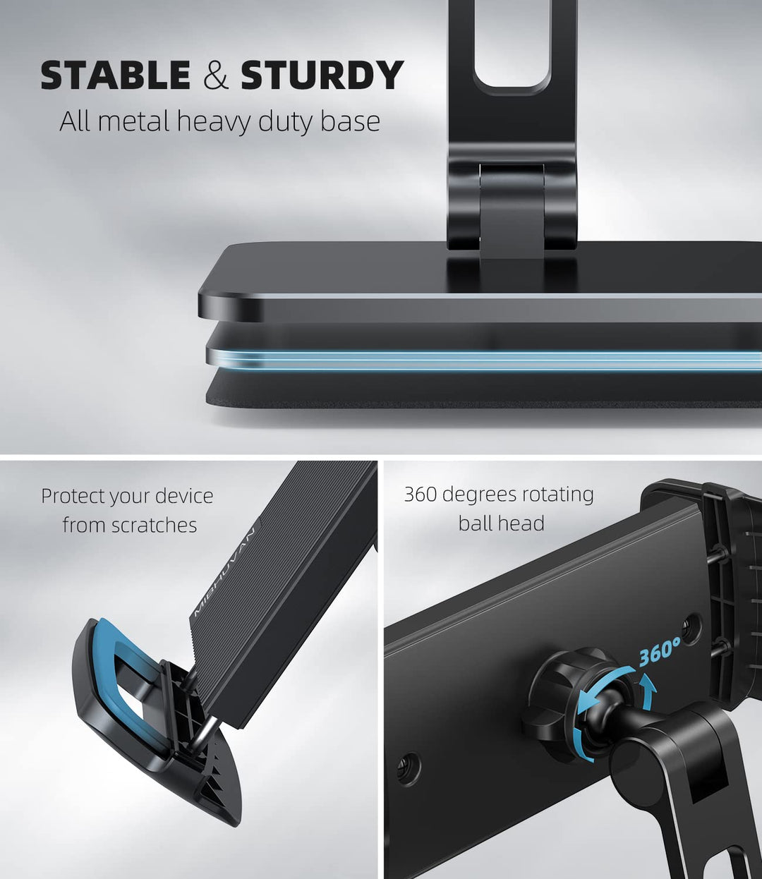 Tablet Stand Holder for desk, Adjustable &amp; Foldable Aluminium alloy Heavy Duty Base Desktop Stand Holder Dock Compatible with iPad Pro 12.9/11, Air, Mini, Tabs, Kindle, (4.7-13)Tablet, Black