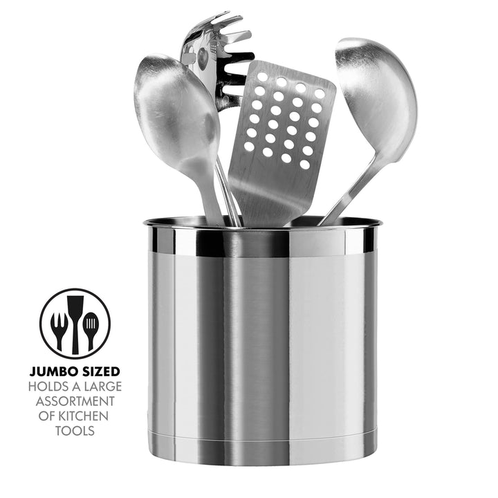 Stainless Steel Jumbo Utensil Holder - 7 Utensil Caddy, Weighted Base for Stability - Extra Large Utensil Crock and Countertop Utensil Organizer, Stainless Steel
