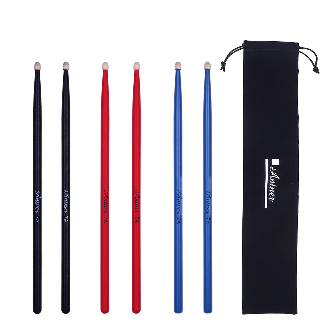 Antner 3 Pairs Drum Sticks 7A for Kids and Beginners Classic Maple Wood Drumsticks, Black/Red/Blue