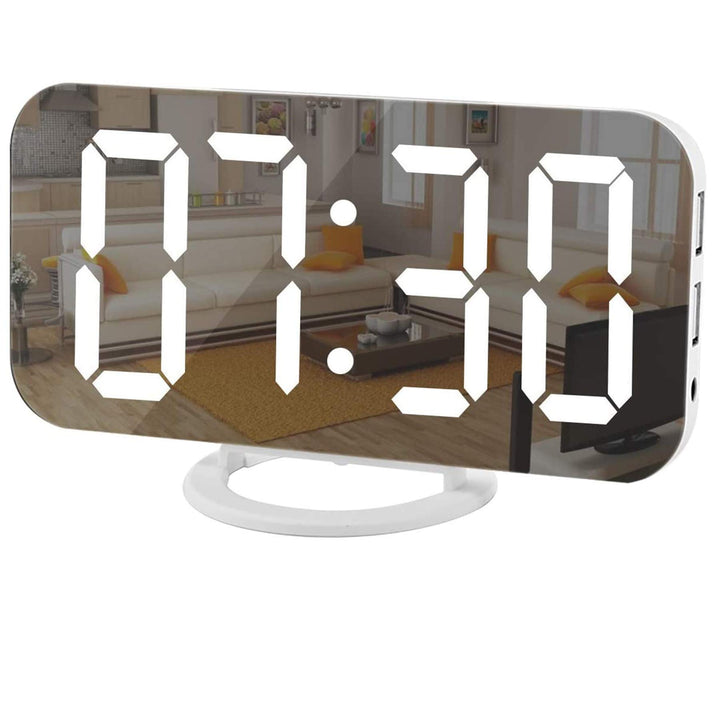 Digital Clock Large Display, LED Electric Alarm Clocks Mirror Surface for Makeup with Diming Mode, 3 Levels Brightness, Dual USB Ports Modern Decoration for Home Bedroom Decor-White (001)