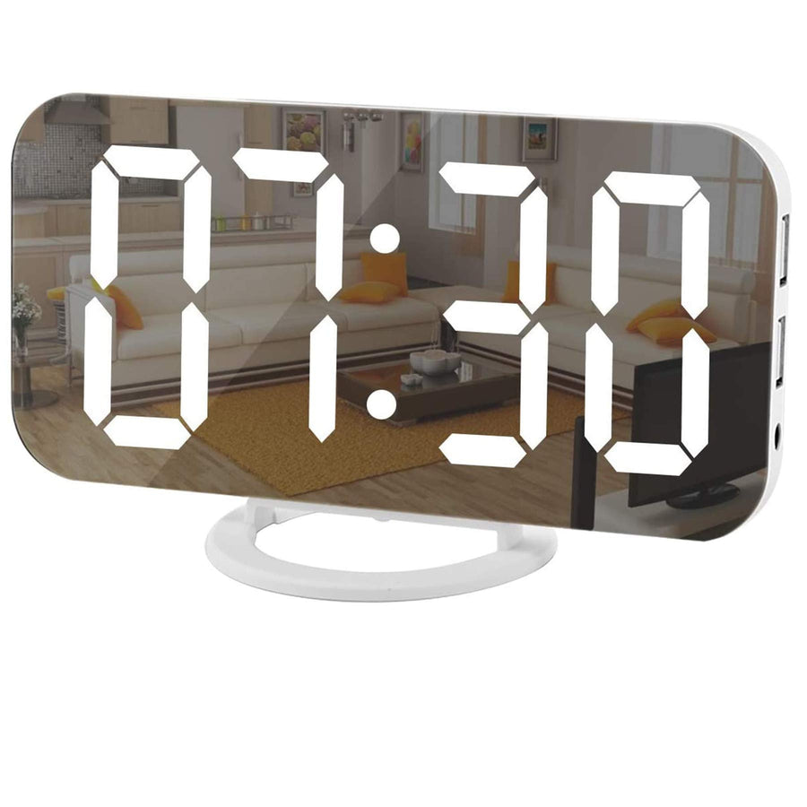 Digital Clock Large Display, LED Electric Alarm Clocks Mirror Surface for Makeup with Diming Mode, 3 Levels Brightness, Dual USB Ports Modern Decoration for Home Bedroom Decor-White (001)