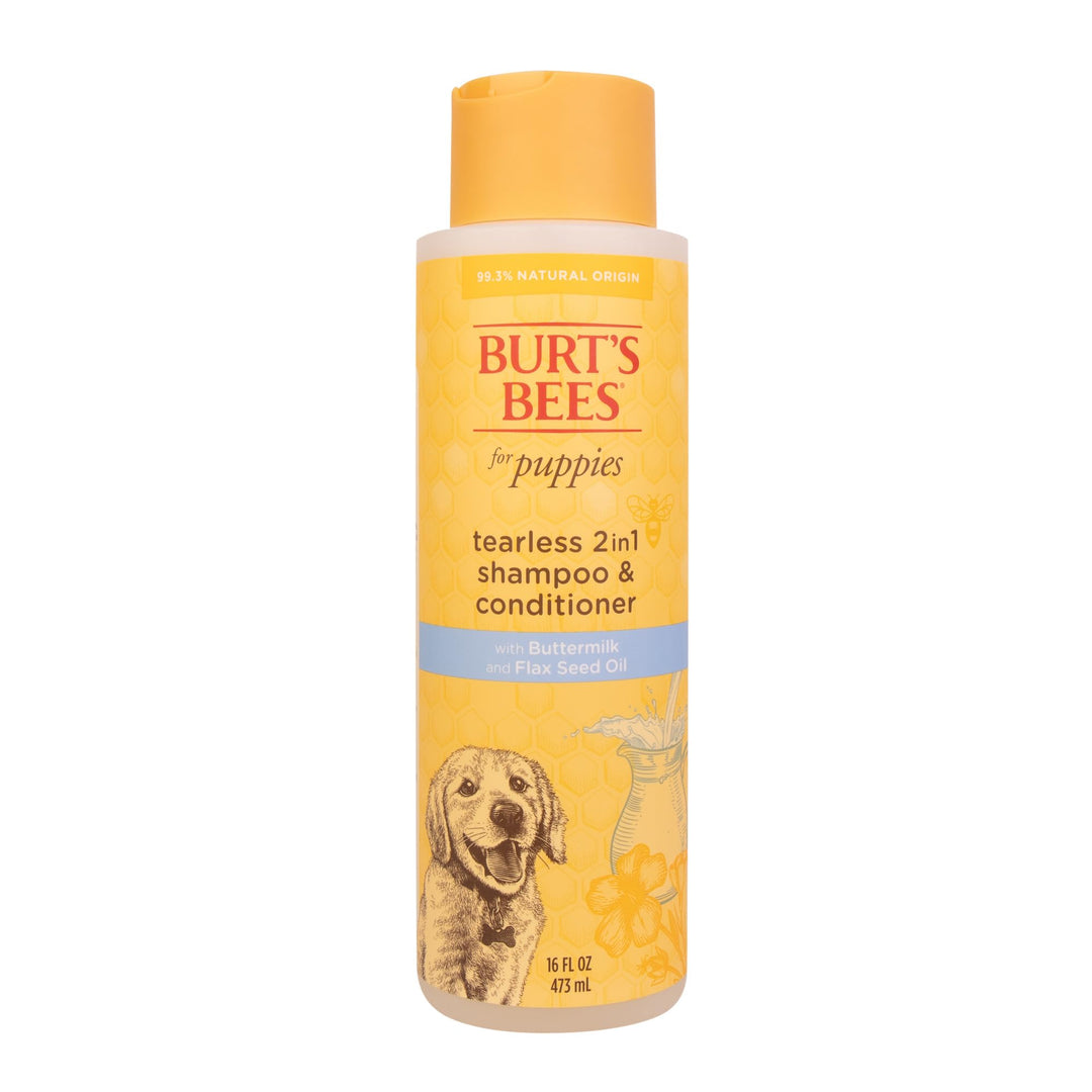 Burt&#39;s Bees for Pets Tearless Puppy 2-in-1 Shampoo and Conditioner with Buttermilk and Linseed Oil, 95% Natural Origin Formulas, Shampoo for Puppies - Gentle Puppy Shampoo Tear Free, 16 oz