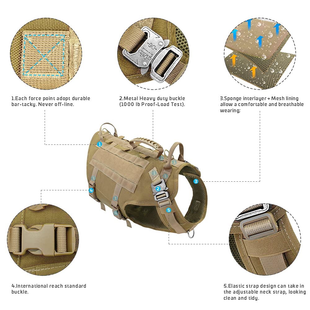 Tactical Dog Harness for Hiking Training, No Pull Vest Harness for Medium Large Dogs, with Pouches and Patches Coyote Brown, M