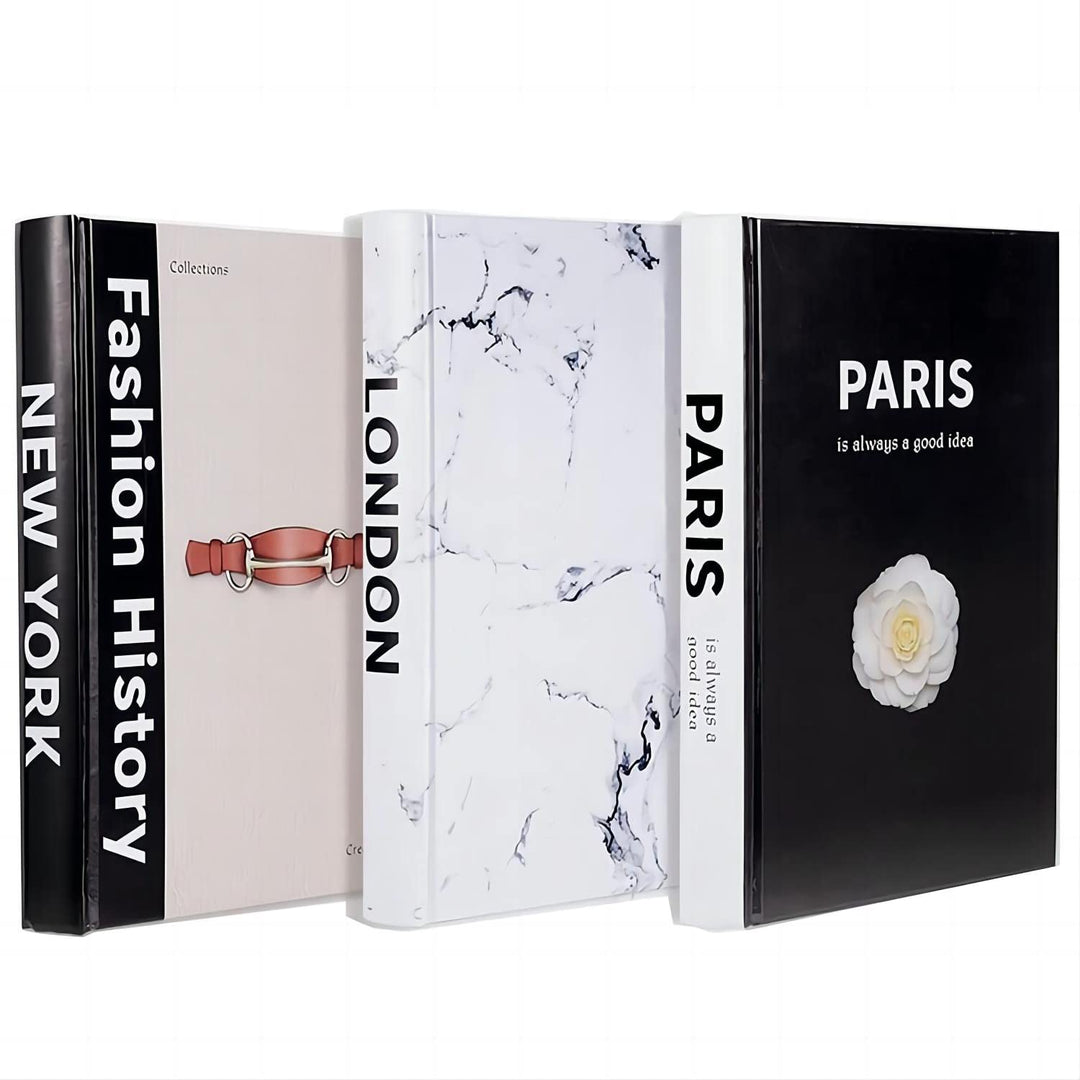 3 Pieces Fashion Decorative Books,Hardcover Modern Decorative Book Stack,Fashion Design Book Set,Display Books for Coffee Tables/Shelves(Paris/New York/London)