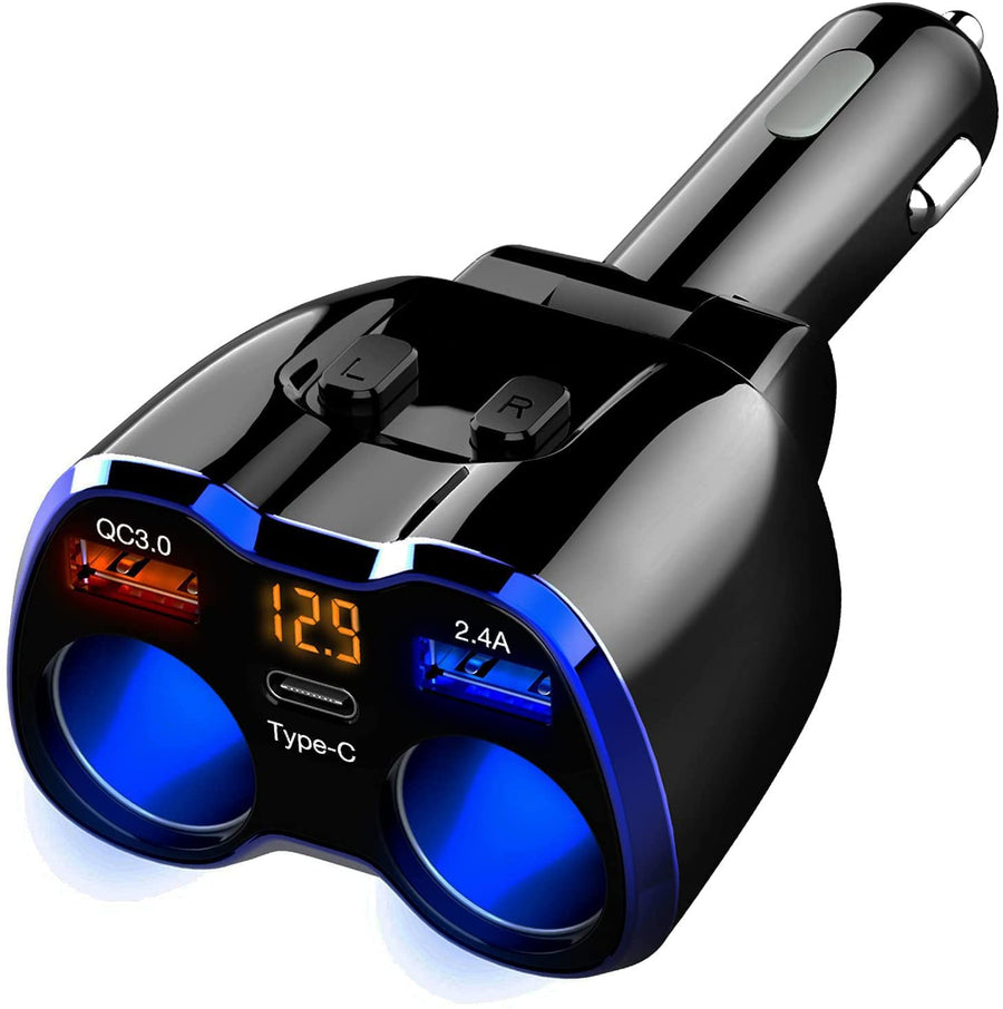Car Charger, 150W 2-Socket Cigarette Lighter Splitter QC 3.0 Dual USB Ports 1 USB C Fast Car Adapter with Separate Switch LED Voltmeter Replaceable 15A Fuse for GPS/Dash Cam/Phone/iPad