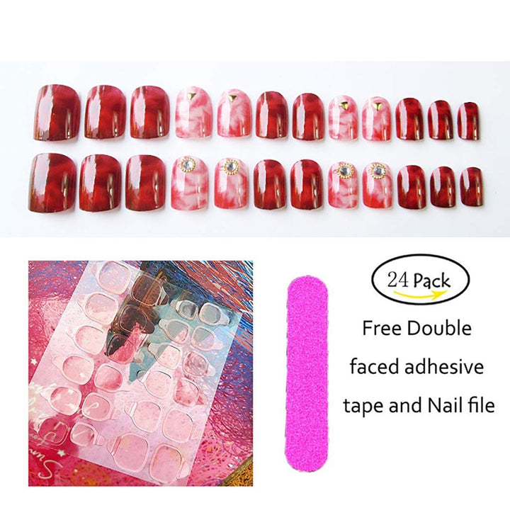 False Nails Bling Rhinestone Pink Marble Full Cover Acrylic Fake Nails Fashion Party Clip on Nails for Women and Girls