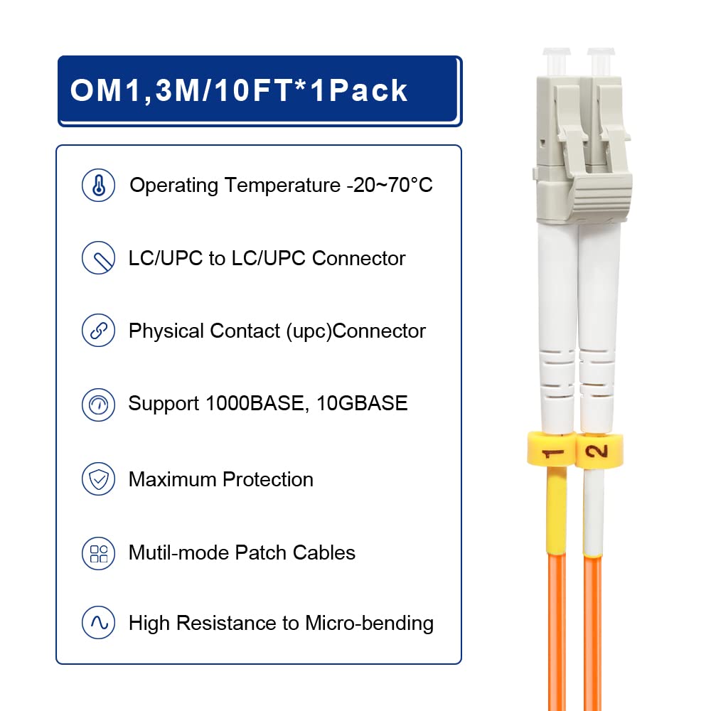 FLYPROFiber 3M/10ft OM1 LC to LC Fiber Patch Cable, Len