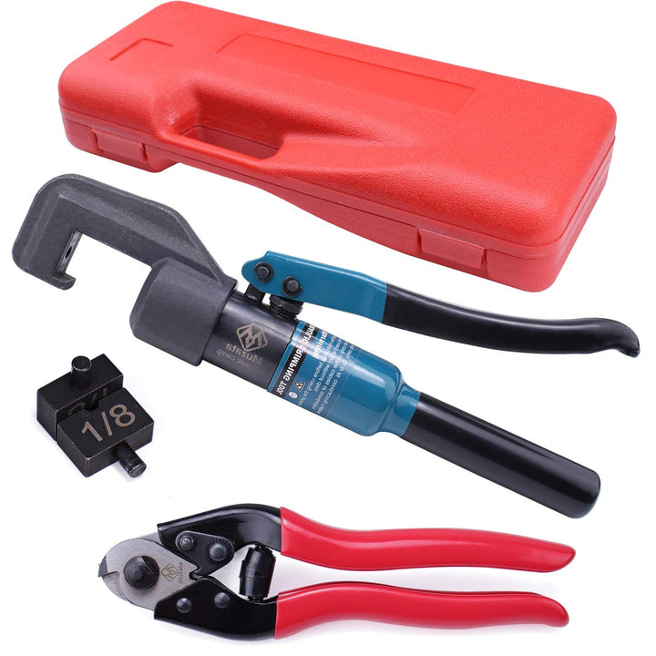Muzata 45 KN Upgraded Custom Cable Railing Hydraulic Crimper Hand Tool for 1/8 Stainless Steel Cable Railing Kit Wire Rope Swaging 1 Pair Dies with Wire Cable Cutter CR09 CK12, CT1