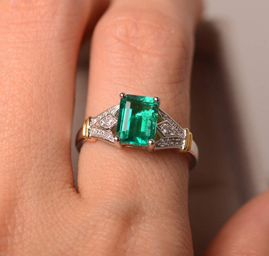 Fashion Jewelry Elegant Women 14k White Gold Filled Square Cut Emerald Gemstone Birthstone Wedding Bridal Band Ring Size 6-10 (7)