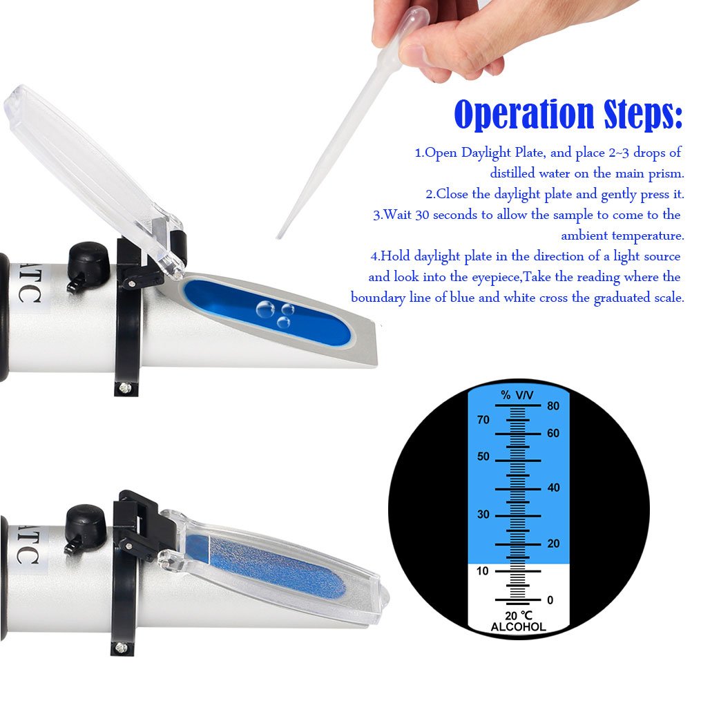 Handheld Alcohol Refractometer, 0~80% Alcohol Content Measurement Tool Tester for Spirits Distilled Ethanol with Water Like Whiskey, Brandy;Used in Scientific Research, Alcohol Purchase