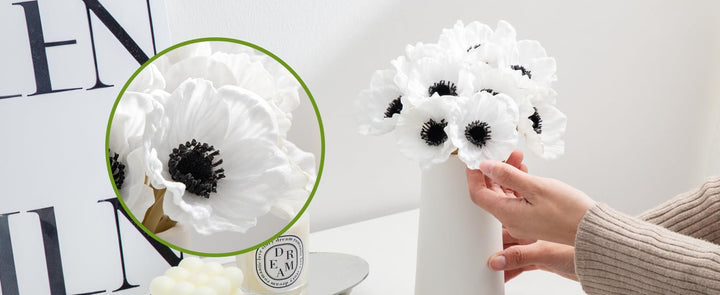 10 inch Real Touch Anemone Poppy Bouquet for Artificial Flower Decor (Pack of 7) (White)