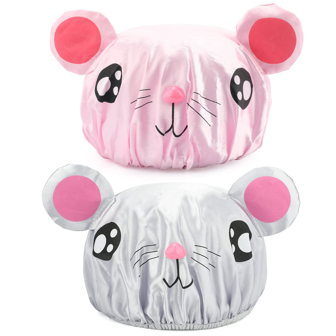 First Kitchen 2 Pieces Cute Kids Shower Cap, Funny Cartoon Bath Hat, Boys Or Girls Waterproof Shower Bath Caps (Gray Mouse + Pink Pig)