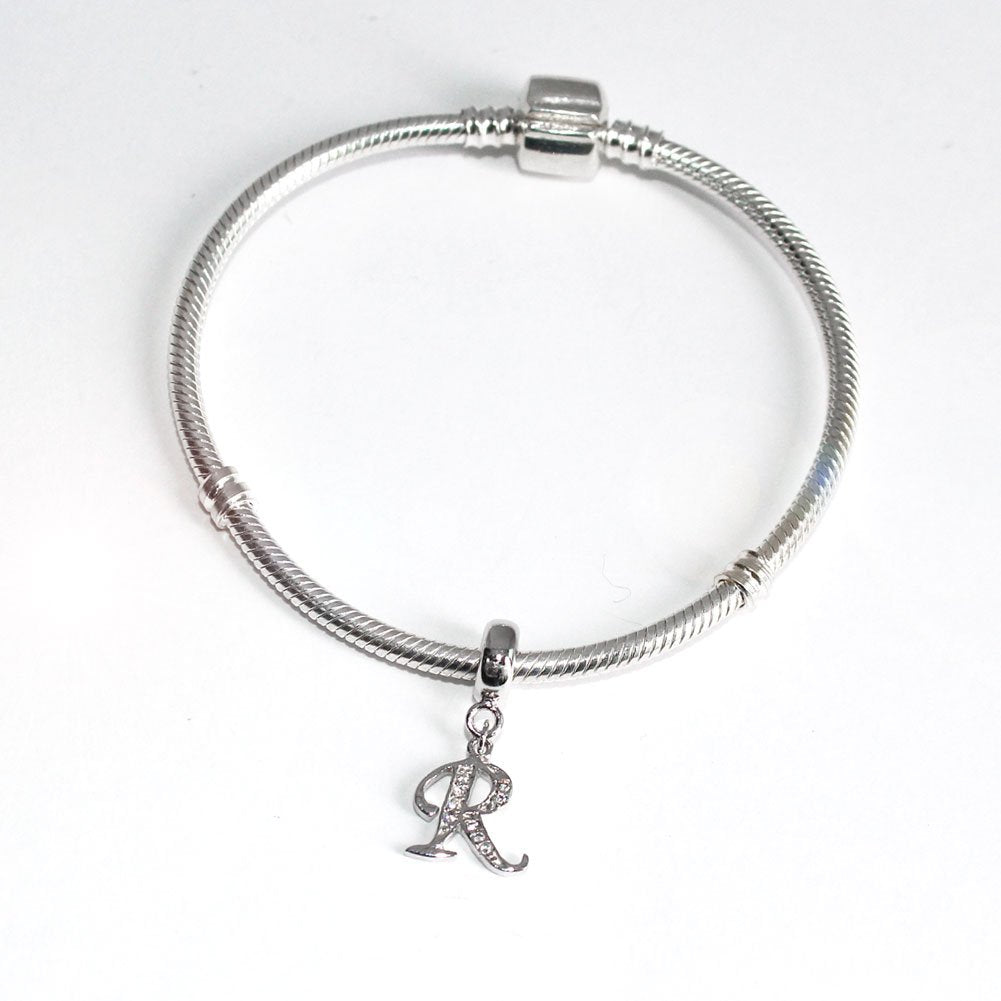 Alphabet Charm Letter Beads Solid 925 Sterling Silver with Cubic Stones, Complete A~Z Gift Options fit Pandora European Bracelets(R)