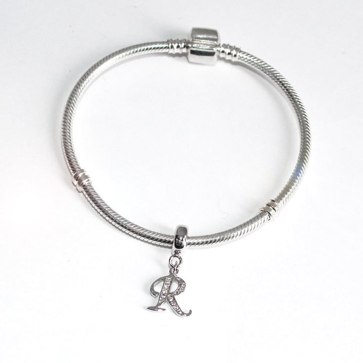 Alphabet Charm Letter Beads Solid 925 Sterling Silver with Cubic Stones, Complete A~Z Gift Options fit Pandora European Bracelets(R)