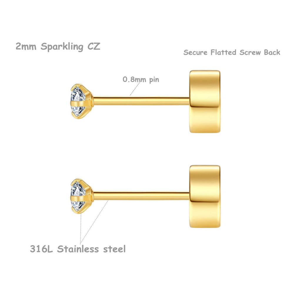 8 Pairs 2mm Tiny Flat Back Earrings for Women Men 14K Gold Plated Surgical Stainless Steel Stud Earrings Set Cubic Zirconia Cartilage Earring Hypoallergenic (Gold, 2mm CZ)