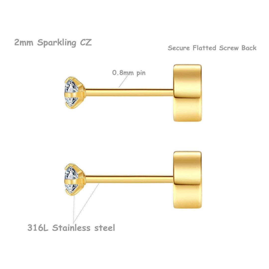 8 Pairs 2mm Tiny Flat Back Earrings for Women Men 14K Gold Plated Surgical Stainless Steel Stud Earrings Set Cubic Zirconia Cartilage Earring Hypoallergenic (Gold, 2mm CZ)