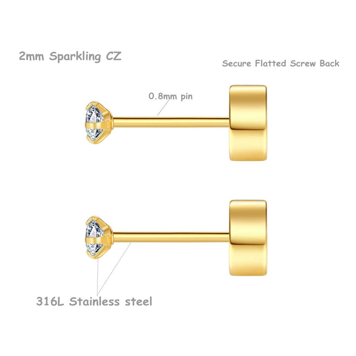 8 Pairs 2mm Tiny Flat Back Earrings for Women Men 14K Gold Plated Surgical Stainless Steel Stud Earrings Set Cubic Zirconia Cartilage Earring Hypoallergenic (Gold, 2mm CZ)