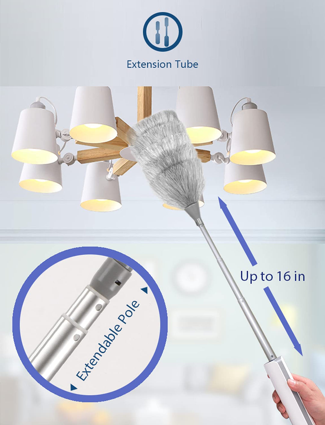 COP ROSE H200 Electric Feather Spin Duster USB Rechargable Electric Spinning Dirt Dust Brush with Extendable Pole, Washable, Clean dust for Furniture, Corner, Wall