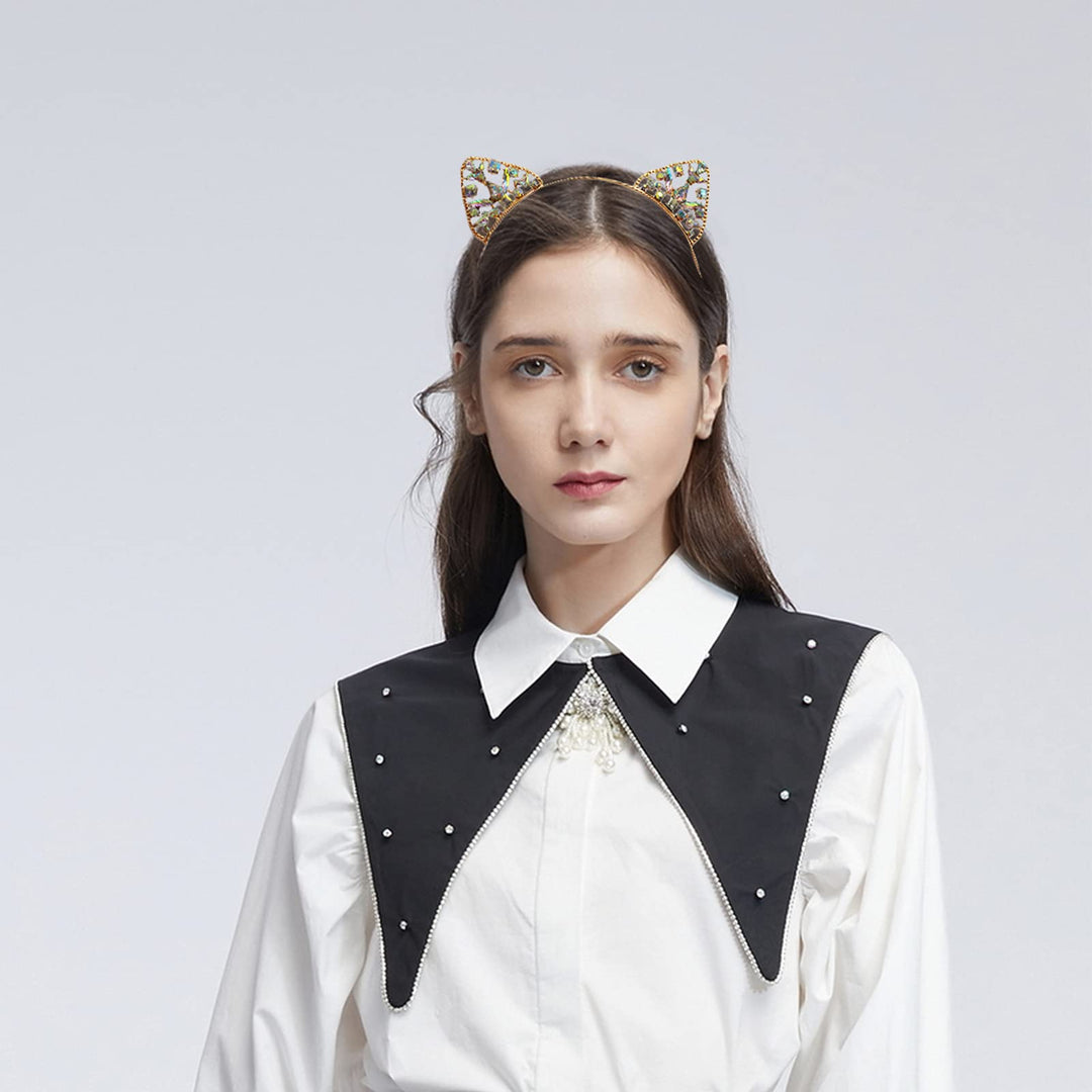 Cat Ears Headband Rhinestone Cat Hair Bands Crystal Halloween Hair Hoop Women Girls Hairband Party Decoration Headdress Cosplay Costume Headwear Handmade Headpiece Makeup Hair Accessories 3 Pack