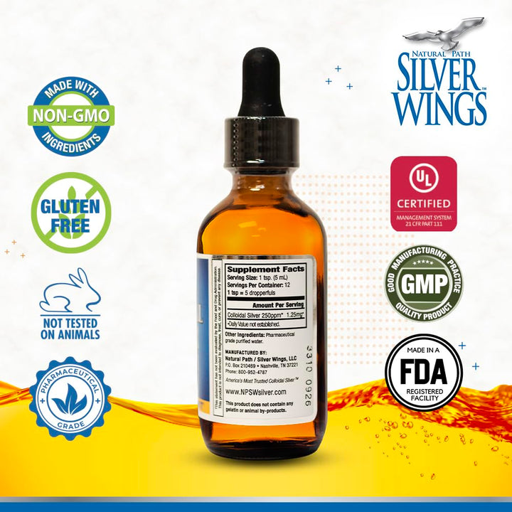 Colloidal Silver Liquid - Enhanced Immune Support Supplement - 250ppm (1250mcg) - 2oz Dropper