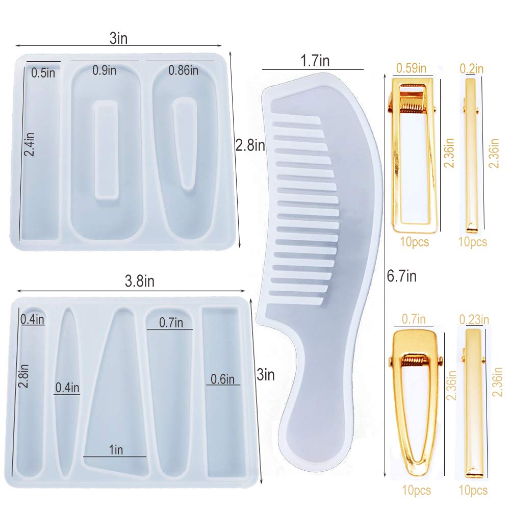 43PCS DIY Resin Craft Kit: Silicone Molds for Hair Accessories &amp; Jewelry Making - 2 Hair Pin Molds, 1 Comb Mold, 40 Gold Barrettes