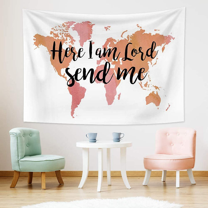 World Map Tapestry Wall Hanging Bible Verse Here I Am Lord Send Me Christian Psalm Quote Tapestries for Bedroom Living Room Dorm Decoration 59.1 Wx 39.4 H Inches