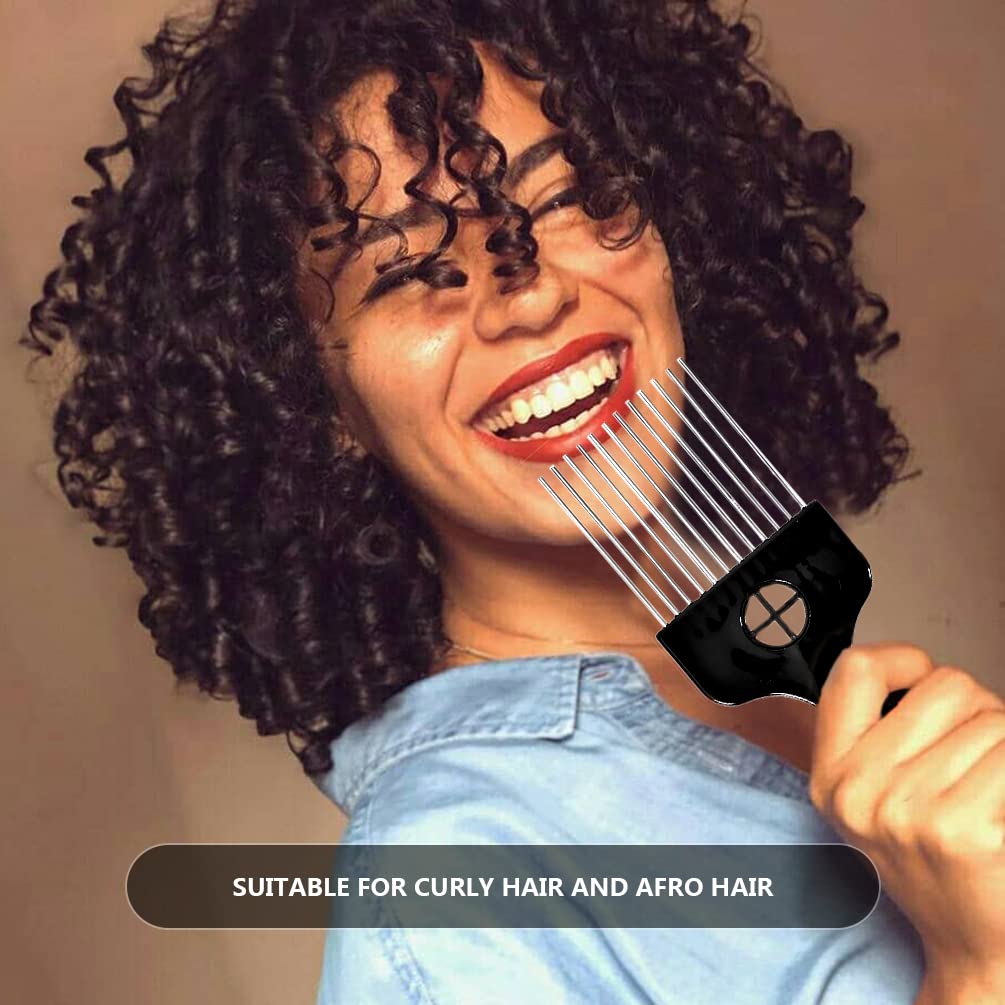 2 Pack Metal Hair Pick for Afro Hair, Hair Pick Afro Comb for Curly Hair, Afro Picks for Women/Men Hair Styling Hairdressing Tool (Black)