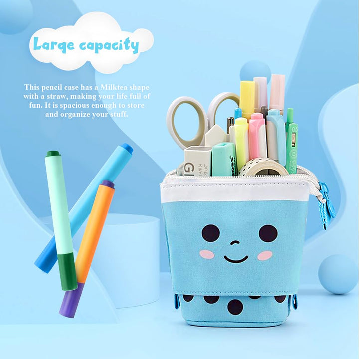 Milktea Cute Standing Pencil Case for Kids, Pop Up Pencil Box Makeup Pouch, Stand UP Christmas Gift kids Pen Holder Organizer Cosmetics Bag, Kawaii Stationary (Blue)