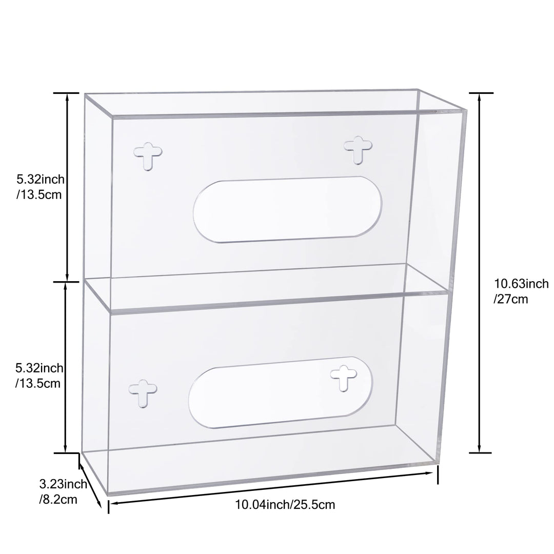 Glove Box Holder Dispenser Acrylic Double Side Loaded Clear Rack Storage Organizer for Medical, Latex, Rubber, Nitrile, Exam, Disposable Glove Boxes and Face Mask Holder Standing or Wall Mount