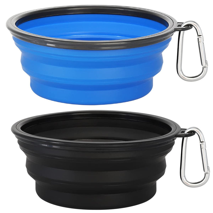 Large Collapsible Dog Bowls 2 Pack, 34oz Foldable Dog Travel Bowl, Portable Pet Water Food Bowl with Clasp, Pet Cat Feeding Cup Dish for Traveling, Walking, Hiking (Black+Blue)