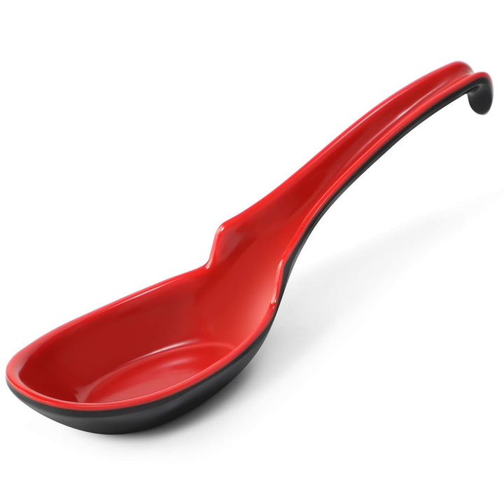 12 PACK Asian Soup Spoons, Rice Spoons, Melamine Chinese Won Ton Soup Spoon For soba, pho, ramen, Noodle, Korean Style Large Spoon with Long Handle- Notch and Hook Style, Red & Black