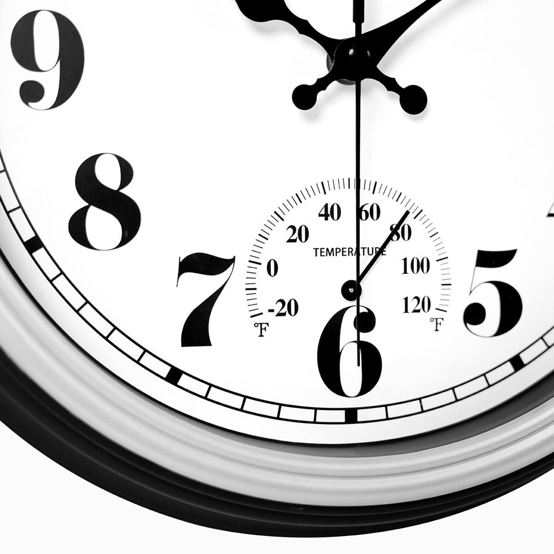 12 Inch Indoor/Outdoor Retro Waterproof Wall Clock with Thermometer Silent Round Quartz Battery Operated Easy to Read Decorative for Kitchen Patio,Bathroom,Deck,Porch,Pool(Silver)