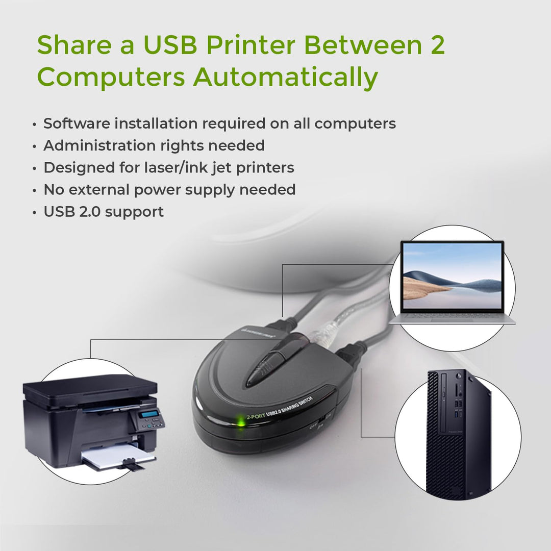 2 Port USB 2.0 Switch - Auto Printer Switch - Manually or Auto Control - LEDs Indicate - Plug n Play - GUB231