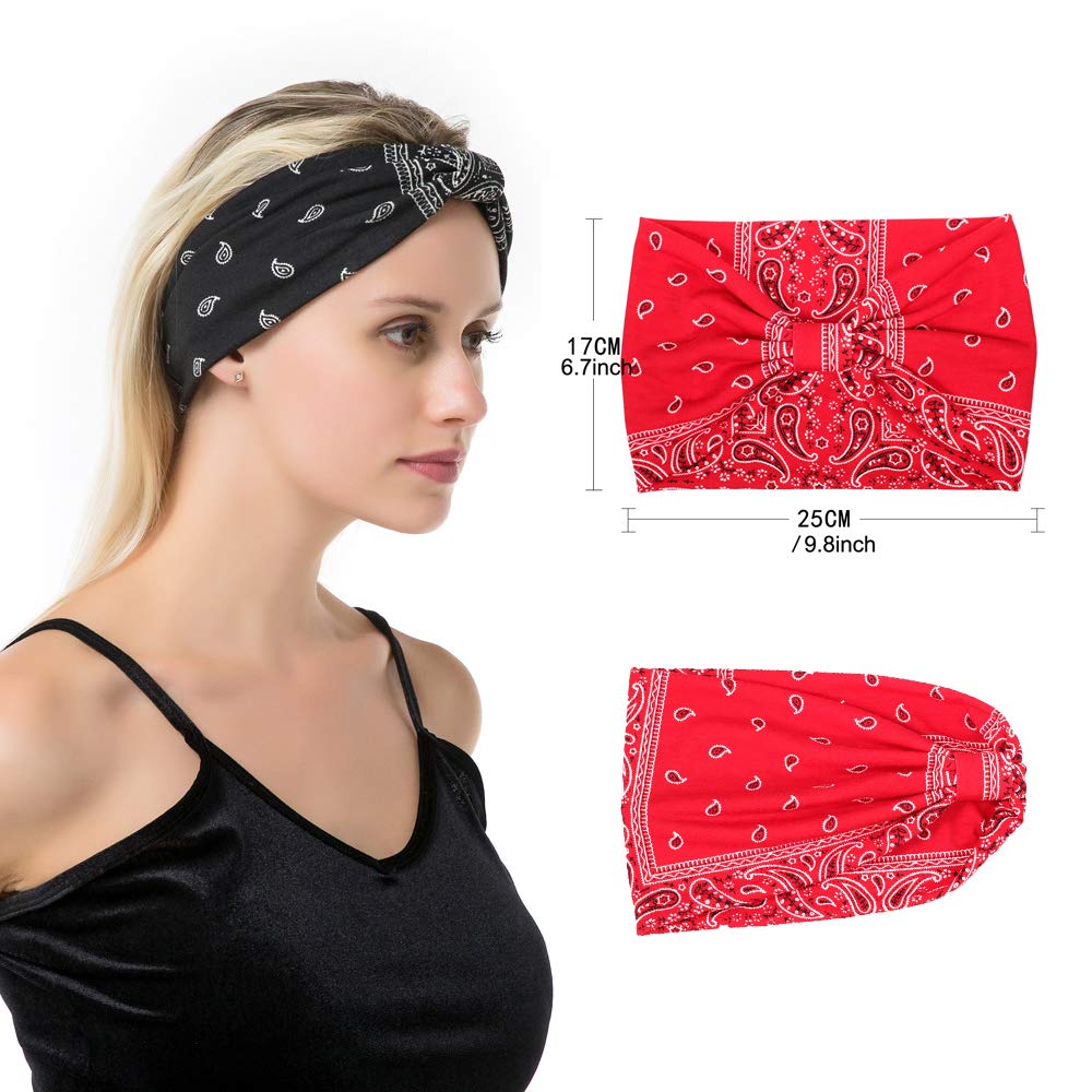 Assorted Paisley Print Wide Bandana Knot Headbands Criss Cross Head Wrap Hair Band (4 Colors Pack B)