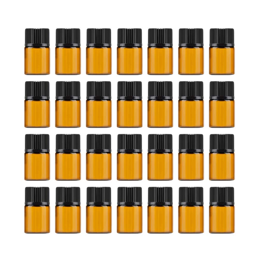 Mini Essential Oil Bottles Empty Sample bottle 1ml(1/4 dram) 2ml (5/8 dram) Amber Glass Bottle with Orifice Reducer and cap, With 2 Free Transfer Eye droppers(50 Pcs) (2ml)