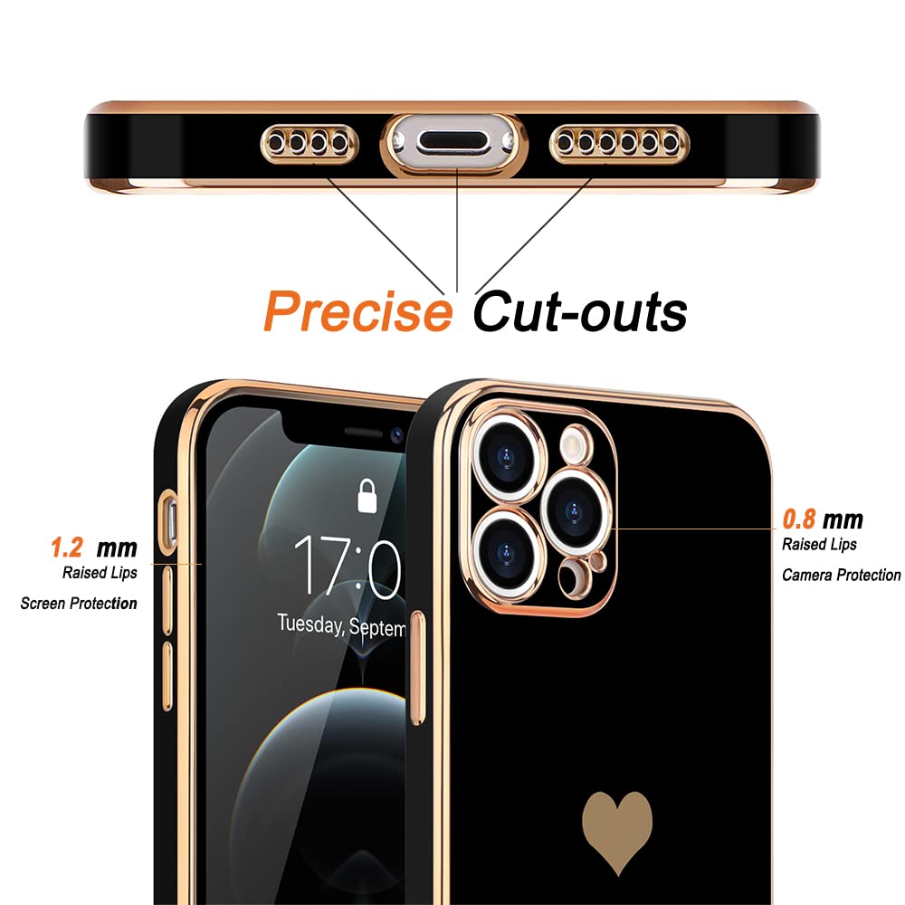for iPhone 12 Pro Case for Women Girl Cute Love-Heart Luxury Bling Plating Soft Back Cover Raised Full Camera Protection Bumper Silicone Shockproof Phone Case for iPhone 12 Pro, Black