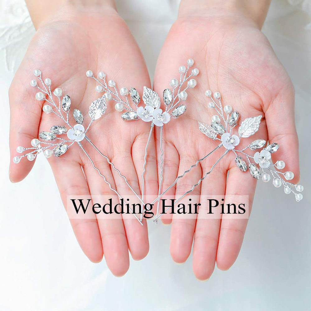 Jakawin Bride Wedding Flower Hair Pins Silver Bridal Hair Accessories Pearl Hair Piece for Women and Girls 3PCS HP035