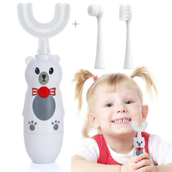 Caromolly Kids U-Shaped Electric Toothbrush, Automatic Massage Toothbrush with U-Type, Cartoon Modeling Toothbrush with Three Types of Brush Heads, Battery Operated,Small for 2-6 Years,White, 1 Pack