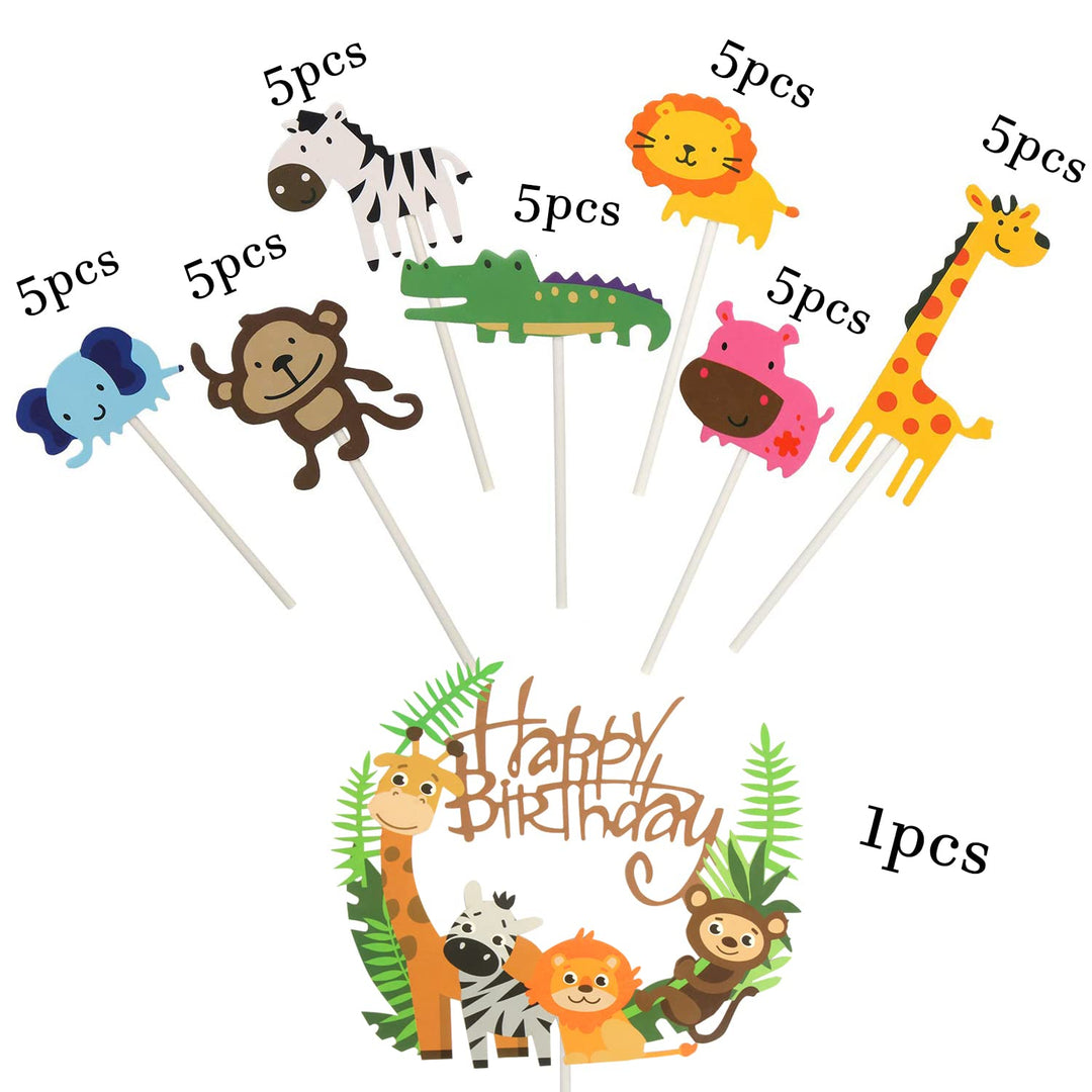 36pcs Safari Animal Cake Toppers,Jungle Animal Birthday Cupcake Topper Banner for Kids Birthday Party Baby Shower Decoration Supply