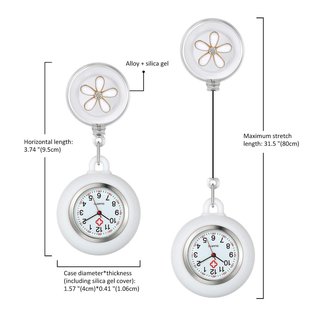 Retractable Nurse Watches Clip-on Hanging Fob Watches Cute Flower Pattern Lapel Watches for Nurses Doctors with Silicone Cover