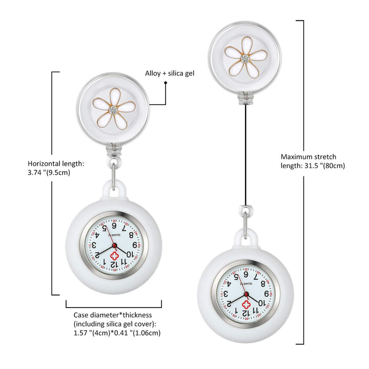 Retractable Nurse Watches Clip-on Hanging Fob Watches Cute Flower Pattern Lapel Watches for Nurses Doctors with Silicone Cover