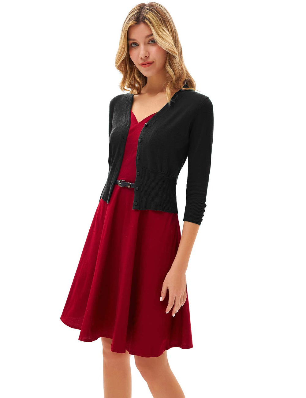 GRACE KARIN Women's Cropped Cardigan 3/4 Sleeve V-N