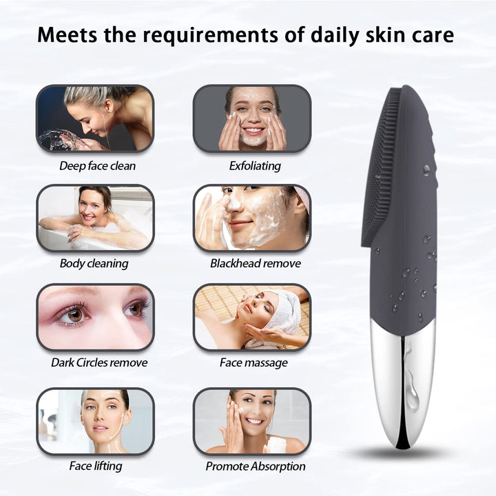 Facial Cleansing Brush, 3-in-1 Electric Silicone Face Scrubber, Vibrating Massager, IPX7 Waterproof, USB Rechargeble Brush for Deep Cleanning, Blackhead Remover, Exfoliating (Gray)