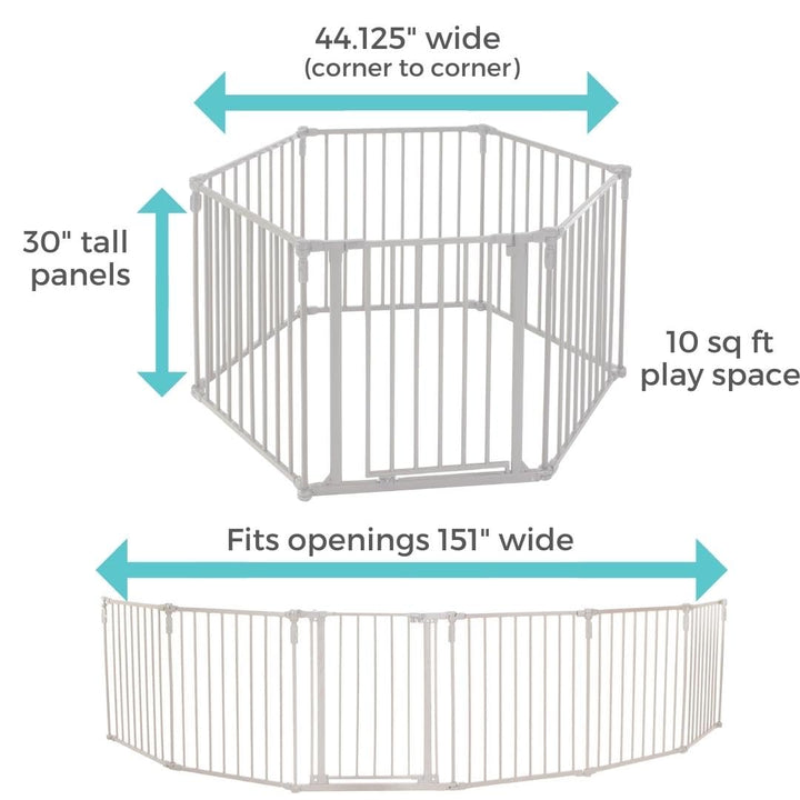 3 in 1 Metal Superyard 6 Panel Play Yard, Baby Gate, Playpen or Extra Wide Baby Fence, 151 Wide. Wall Mount Kit Included. 10 sq ft play yard (30 tall, Taupe)