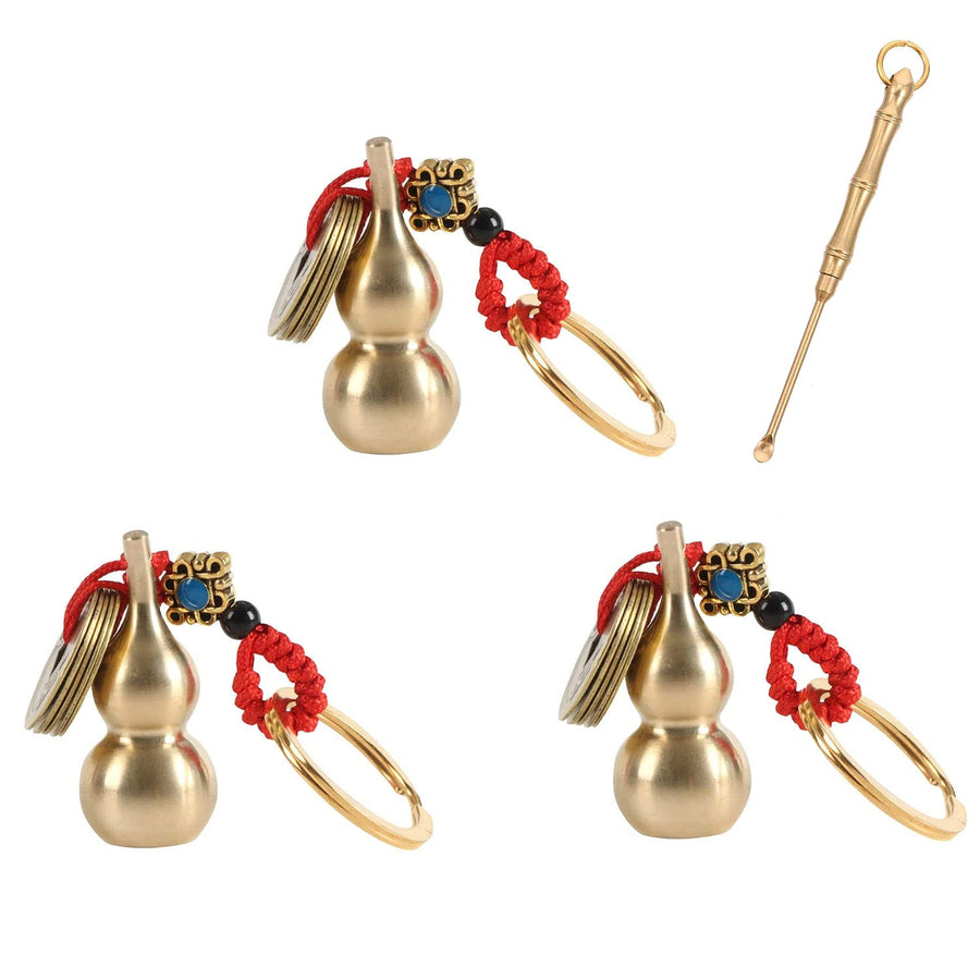 3 Pieces Chinese Gourd Brass Wu Lou Keychains with 1 Pcs Brass Ear Spoon Keychain, Feng Shui Coins Calabash Decorations Pendant for Good Luck, Wealth Success and Longevity, Blessing Paper in it